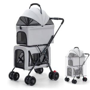 반려동물 유모차 더블 데크 4륜 WITHE 커버 접이식 캐리어를 중형견 레인 캐리어, 소형 띄는 여행용 통기성이 좋고 접을 컵 쉽게 홀더 개 고양이 수 유모차, 있는 위한 메시 포함(그레이) 눈에