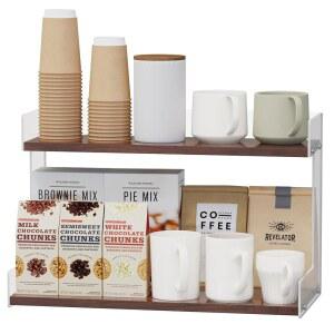 2티어 아크릴 커피 스테이션 정리함 카운터탑, 티백용 주방 카운터 홀더 머그컵 시럽 슈가 스파이스, 조미료 보관 랙, 바 액세서리용 다기능 선반