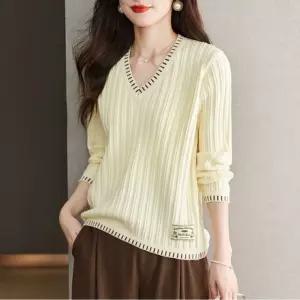 지니코코 여자 니트 가을 루즈핏 긴팔 스웨터 상의 배 브이넥 조추폭발 가림 셔츠 롱루즈핏 티 ADOR3