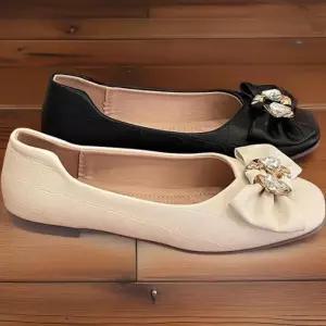 [신상오픈런]여성 일상용 리본 큐빅 포인트 사각코 플랫슈즈 (32967142)