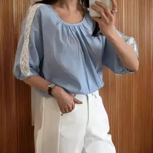 [신상오픈런]여성용 나그랑 셔링 펀칭 레이스 반팔 면 여름 블라우스 (32966323)