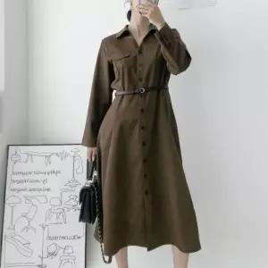 [신상오픈런]허리벨트 프린세스라인 진초록 플레어 셔츠원피스 (28831027)