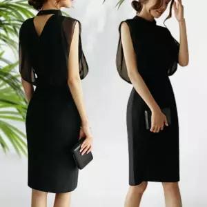 원피스 하객룩 블랙 프릴 H라인 슬림핏 드레스 여성용 드레스