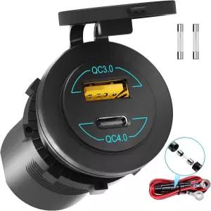 12V USB 콘센트 - 90W(최대) 듀얼 포트 QC4.0 PD 및 퀵차지3.0 차량용 충전기 소켓 (LED 표시등 포함) 차량