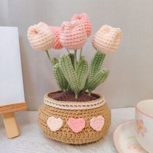 뜨개꽃화분 DIY 모직 화분 튤립 장식 꽃다발 코바늘 손으로짠