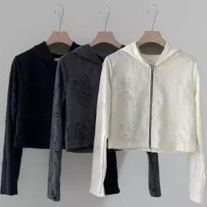 [신상오픈런]여성 데미지 크롭 후드 롱슬리브 집업 (41007193)