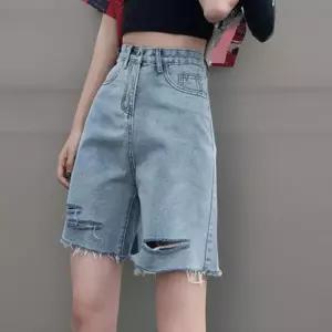 [신상오픈런]여성 하프 데님 팬츠 스카이블루 찢청 스타일 데미지 바지 (39101773)