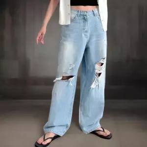 [신상오픈런]여성 연청 와이드핏 워싱 찢청 무파진 빈티지 청바지 (39096576)