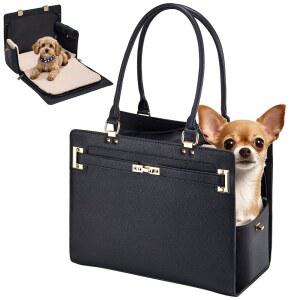 소형견을 위한 강아지 가방 캐리어, 세련된 토트백, 캐리어 포함 안전 및 가능한 지갑 여행 포켓 세탁 (블랙) 목줄, 접이식 쿠션 반려동물 항공사 승인