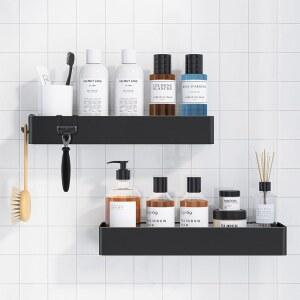 키츄어 샤워 캐디 - 2팩 접착 정리함, 녹슬지 않는 금속 선반, 노드릴 욕실 정리함 및 보관함, 블랙, XX-대형