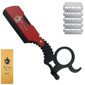 남성용 전문 스트레이트 면도기, 바버 면도기 엣지 키트 - 크리스프 뷰티의 면도날 10개가 포함된 수염 컷 인후 안전 (블랙/레드)
