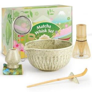 20온스 말차 거품기 세트 7개 말차 키트에는 말차 그릇, 거품기 & 홀더, 대나무 스쿱, 스쿱 휴식, 체 및 티 타월이 포함되어 있습니다 - 말차 다도회에 적합합니다