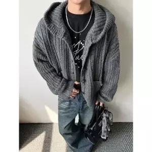 니트 가을 빈티지 남자집업가디건 꽈배기 가디건 후드 단추 커플 ible3