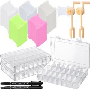 GlikCeil 507개 자수 치실 정리 키트 - 플라스틱 보빈이 포함된 탈착식 24그리드 실 보관 상자 2개, 보빈 와인더 크로스 스티치용 트윈팁 마커, DIY 재봉, 공예품