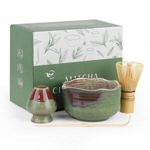 도자기 말차 세트 - 일본 수공예 말차 티볼 미네랄 글레이즈 볼과 스파우트, 대나무 거품기, 스쿱 & 채센 홀더 | 말차 애호가를 위한 4개 다도 키트 (숲광)