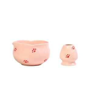 휘스크 홀드 세라믹 핑크 말차 볼과 스파우트 글레이즈드 의식이 있는 zhtywhgi 2pcs 말차