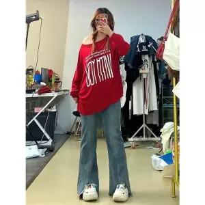 뚜에스틸로 여성용 바지 빈티지 트리밍 핏 블루 빅사이즈 하이웨스트 청바지 퍼 부츠컷 와이드 슬림 봄가을