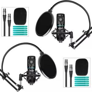 관절 가위 팔 마이크 스탠드 쇼크 마운트 및 구스넥 팝 필터가 포함된 Movo PodPak2A 2팩 범용 카디오이드