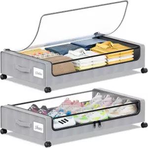 Yeenhoopy 언더 침대 보관 바퀴 달린 2팩 용기 투명 뚜껑 및 지퍼 신발 정리함 옷 담요(회색)를 위한 롤링