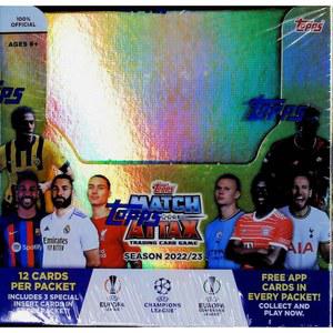 탑스 2022-23 매치 아택스 사커 UEFA 리그 팩토리 봉인 부스터 박스 24팩 10장. 총 240장의 카드가 들어 있습니다! 특별한 유사점, 희귀 크롬 실드 카드, 초희귀 사인 및 크리스찬 호날두, 리오넬 메시, 킬리안 음바