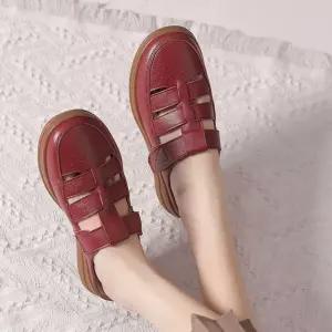 셉띠엠브레 여름 캐주얼 여자스트랩 샌들 소가죽 플랫 슬리퍼 순가죽 앤티크 펀칭 라운드 미끄럼 방지 임산