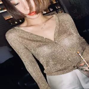 단추 반짝이 브이넥 빅사이즈 니트 스팽글 의류 티셔츠