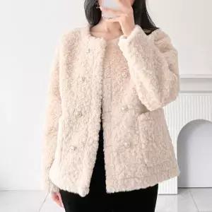 [하프클럽/옷자락]여자 겨울 심플 양털 뽀글퍼 노카라 라운드 하프 코트