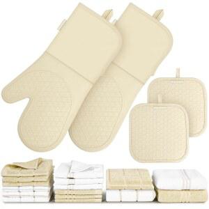 실리콘 오븐 미트 냄비 홀더 주방용 수건 100% 면 식기 타월, 매우 부드럽고 흡수력이 뛰어난 핸드 타월 / 티 타월. 홀더, 내열성, 그립, 선물 세트