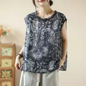 손오공 여자 빈티지 마 민소매 뒷단추 톱 데일리룩 블라우스 프린트 KUK1