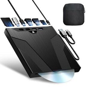 Wbacon 8 in 1 노트북용 외장 CD/DVD 드라이브, 슬롯 로딩 CD 리더, 드라이브 USB DVD 버너, PC Windows Linux MacOS와 호환 (+캐리 케이스)