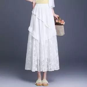 치마 여친 롱 망사 빈티지 봄 트윌 레이스 쉬폰 레이어드 데일리 A라인 케이크 스포M1