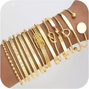 여성용 팩스하이온 골드 뱅글 팔찌 14개 멀티 레이어 스태커블 세트 14K 도금 텍스처 청키 보호 주얼리