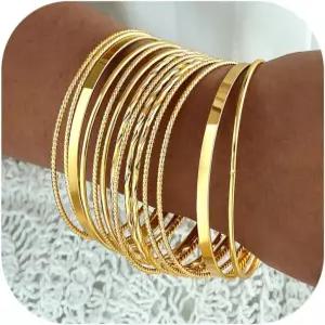 iF ME 여성용 골드 뱅글 팔찌 인디언 스태커블 세트 다층 텍스처 14K 도금 청키 보호 주얼리