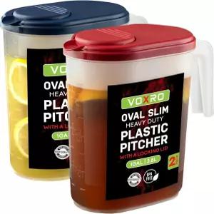 뚜껑이 있는 2팩 타원형 슬림 플라스틱 피처 - 1갤런 플립탑 피벗 스파우트 잘 그립된 손잡이 물통 계량