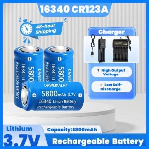 16340 CR123A 충전식 배터리 3.7V 5800mAh 리튬 이온 LED 손전등, 여행, 비상 키트용 벽면 충전기 포함