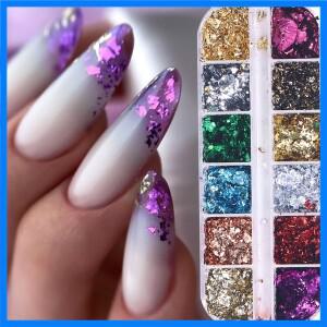 12 그리드 골든 포일 네일 반짝이 무작위 홀로그램 알루미늄 네일 호일 플레이크 스티커 스팽글 매니큐어