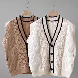 [신상오픈런]여성 가을 꽈배기 패턴 브이넥 버튼 퀼팅 조끼 (41007211)