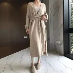 율랑팡 여성 롱 가을 겨울 가디건 무릎 벨트 앤디 스웨터 기모 카디건 HO3