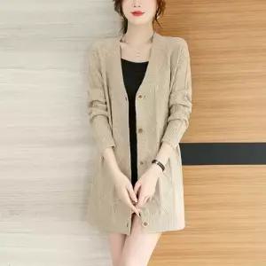 팔콘 여자 여친 니트 롱 카디건 브이넥 중니트 봄가을 코트 맘 KKE3