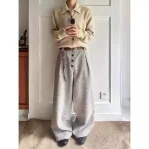 남성용 팬츠 빈티지 오피스룩 캐주얼 하운드투스 체크 복합 플리츠 A라인 와이드 정장 패피1