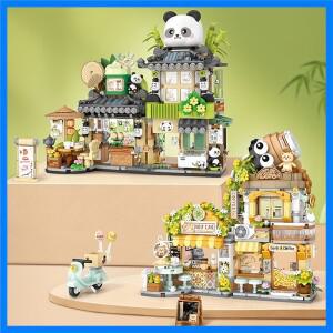 미니 빌딩 블록 접이식 스트리트 뷰 팬더 카페 모델 벽돌 성인과 어린이를위한 조립 장난감 선물 홈 가구