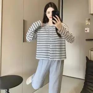 투피스 팬츠 면 봄 라운드 스트라이프 얇은 잠옷세트 긴팔 커플 MN 잠옷 카디건 OOTD1