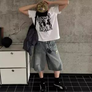 트렌드인 찢어진 시보리 일자 반바지 구매대행 와이드 청반바지 남성용 데님 원픽1