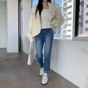 [신상오픈런]테이퍼드핏 히든밴딩 워싱진 중청 일자청바지 여자 (28833071)