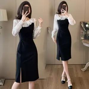 스파이더맨 스커트 원피스 여사친 블랙 가을 프렌치 배색 쉬폰 사선넥 드레스 리틀 프릴 OPH3