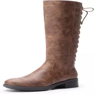 드림 페어 여성 레이스 업 백 무릎 하이 패션 부츠 로우 블록 힐 라이딩 라운드 토 사이드 지퍼 가을