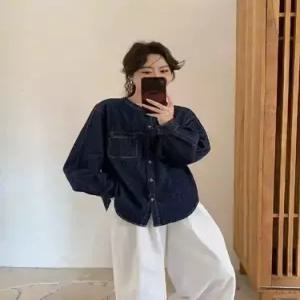 EAMT 여성용 청 빈티지 싱글 블레이저 투포켓 순정 라운드 무지데님 셔츠 EUNG1