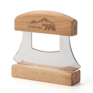 WIUCYS 5인치 알래스카 메잘루나 울루 나이프 샐러드 채소 로커 초퍼 슬라이서 커터 해싱 도마 다지기 칼과 나무 스탠드 관절염 도구