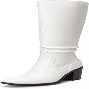 드림 페어 여성용 무릎 높이 부츠 편안한 청키 블록 힐 포인트 토 풀 인 사이드 지퍼 스웨이드 슬라우치