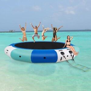 레이크 풀 오션을 위한 COOLWAVE 풍선 워터 트램펄린 10피트 12피트 15피트, 4단 로프 사다리와 계류 로프가 있는 플로팅 (15피트 파란색)